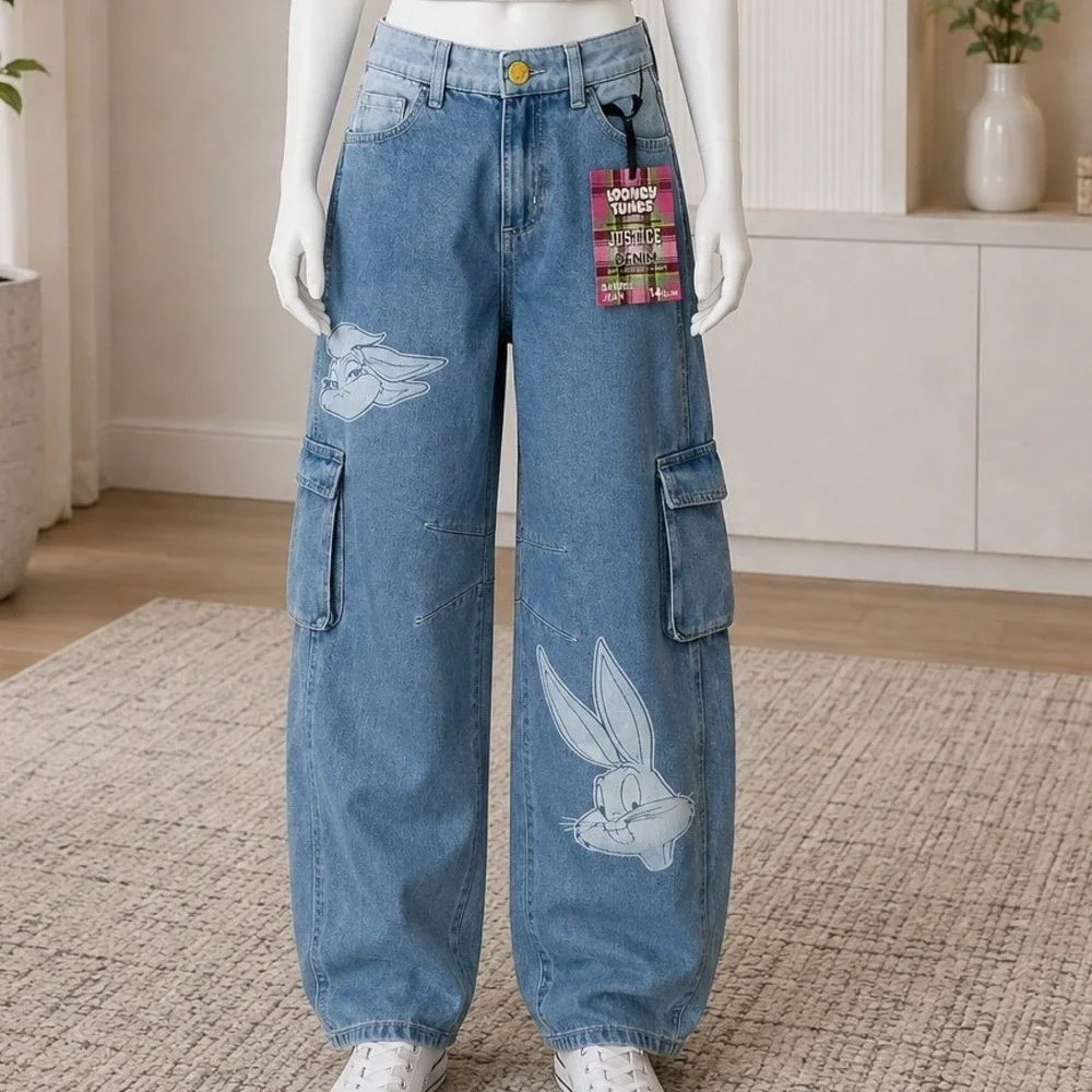 Justice Girls Looney Tunes Cargo Barrel Jean Light Wash Bugs Bunny 14 Slim